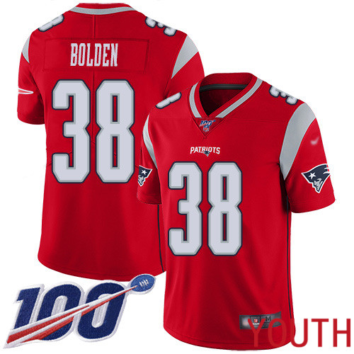 New England Patriots Football #38 100th Season Inverted Limited Red Youth Brandon Bolden NFL Jersey->youth nfl jersey->Youth Jersey